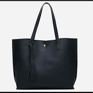 Black High Quality Faux Leather Tote With Tassel